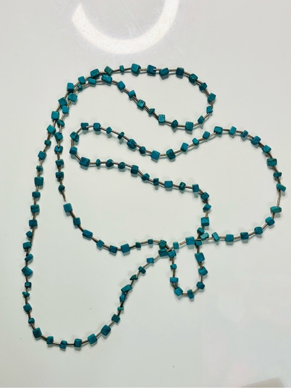Long Turquoise Chip and Silver Beaded Strand Necklace Lightweight Bohemian Chic